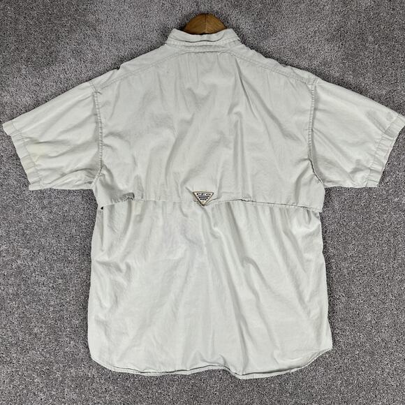 Columbia PFG Shirt Mens L Beige Short Sleeve Performance Vented Fishing FLAWS - Picture 12 of 14